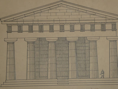 Élévation géométrale restaurée du temple de Poséidon à Pœstum — Dessin original signé, encre vers 1930