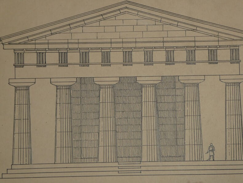 &Eacute;l&eacute;vation g&eacute;om&eacute;trale restaur&eacute;e du temple de Pos&eacute;idon &agrave; Pœstum — Dessin original sign&eacute;, encre vers 1930. Louis Henri Laffill&eacute;e