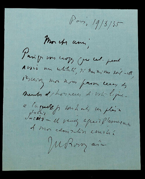 J-H. ROSNY A&Icirc;N&Eacute; - LETTRE AUTOGRAPHE SIGN&Eacute;E A Mme Pierre VALDAGNE, Paris, 1935. J-H. Rosny A&icirc;n&eacute;