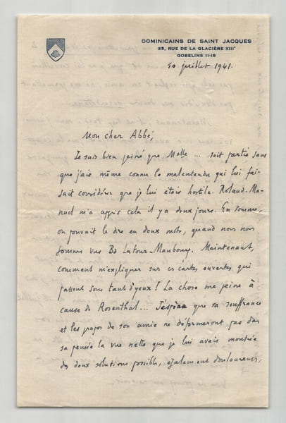 Pie Raymond R&eacute;gamey. Lettre autographe sign&eacute;e &agrave; l'Abb&eacute; Morel, 1941 — Strawinsky, Roland-Manuel. Pie Raymond R&eacute;gamey