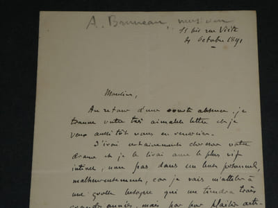 Alfred Bruneau - Lettre autographe signée [sur sa pièce Le rêve, Emile Zola] 1891