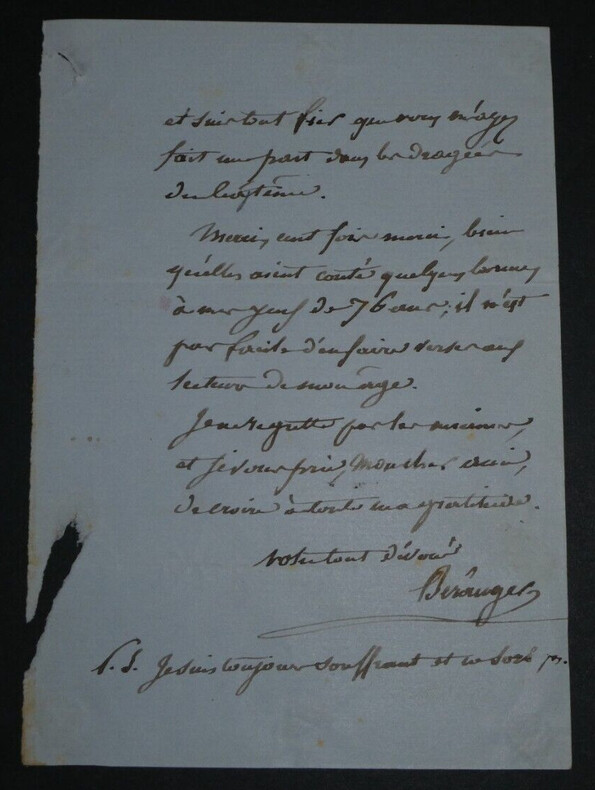 Pierre-Jean BERANGER, Po&egrave;te - LETTRE AUTOGRAPHE SIGN&Eacute;E, 2 Pages. Pierre-Jean BERANGER