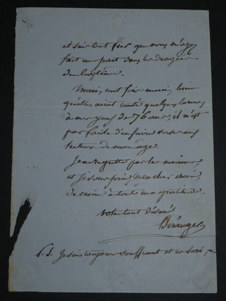 Pierre-Jean BERANGER, Po&egrave;te - LETTRE AUTOGRAPHE SIGN&Eacute;E, 2 Pages. Pierre-Jean BERANGER