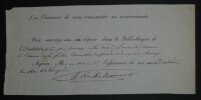 L&eacute;once ELIE DE BEAUMONT, G&eacute;ologue - NOTE DE REMERCIEMENTS AUTOGRAPHE SIGN&Eacute;E. L&eacute;once ELIE DE BEAUMONT