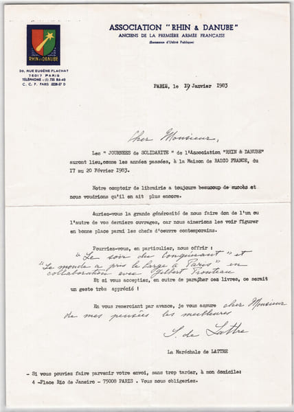 S. de Lattre | Lettre sign&eacute;e &agrave; Thierry MAULNIER | Association Rhin & Danube 1983. Simone de Lattre de Tassigny