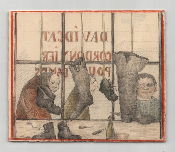 Dessin original d&eacute;but XXe - L'Atelier de Davidcat, Cordonnier pour Dames. 