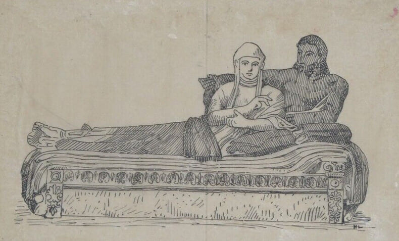 Sarcophage &eacute;trusque (Mus&eacute;e du Louvre) - Dessin original sign&eacute; - Encre vers 1930. Louis Henri Laffill&eacute;e