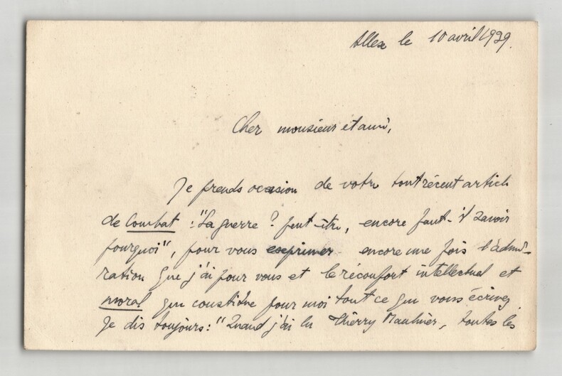 P&egrave;re Fran&ccedil;ois Vallery-Radot. Carte lettre autographe sign&eacute;e &agrave; Thierry Maulnier, Allex, 1939. Fran&ccedil;ois Vallery-Radot