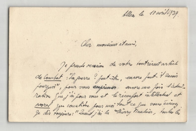 P&egrave;re Fran&ccedil;ois Vallery-Radot. Carte lettre autographe sign&eacute;e &agrave; Thierry Maulnier, Allex, 1939. Fran&ccedil;ois Vallery-Radot