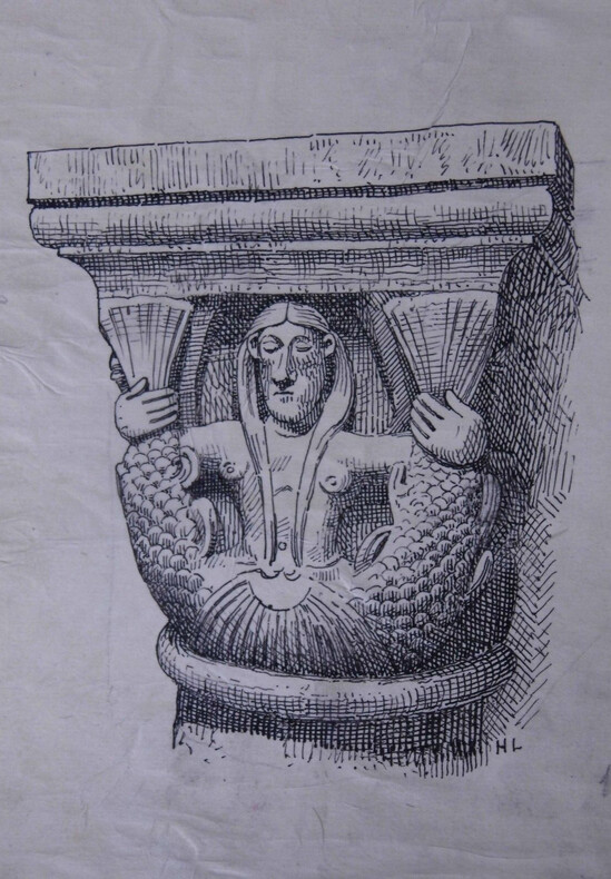 Chapiteau pseudo-cubique dans l'&eacute;glise de Saint-Di&eacute; (Vosges) — Dessin original sign&eacute;, encre, vers 1930. Louis Henri Laffill&eacute;e