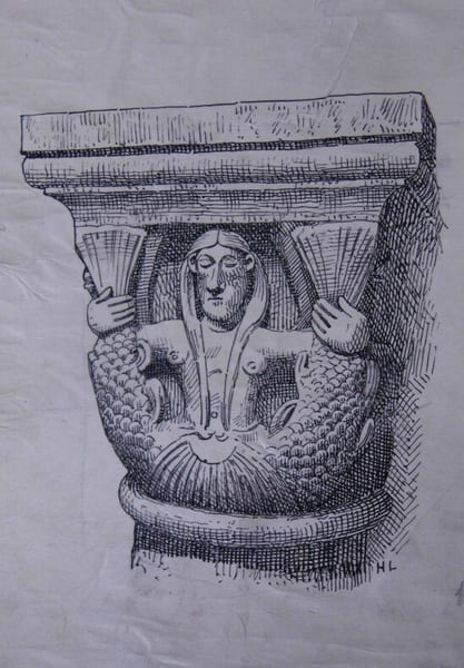 Chapiteau pseudo-cubique dans l'&eacute;glise de Saint-Di&eacute; (Vosges) — Dessin original sign&eacute;, encre, vers 1930. Louis Henri Laffill&eacute;e