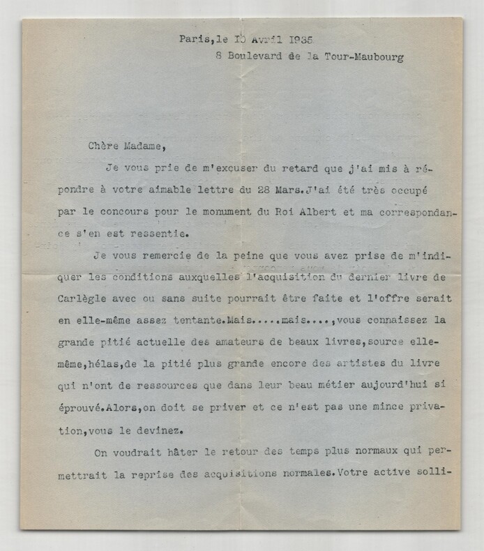 Pierre de Margerie - Lettre dactylographi&eacute;e sign&eacute;e - 1935. Pierre de Margerie