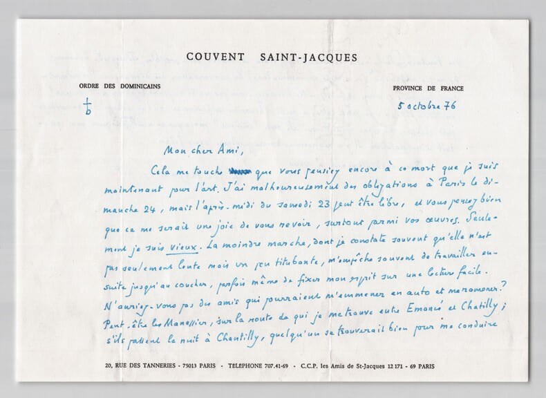 Pie Raymond R&eacute;gamey. Lettre autographe sign&eacute;e &agrave; l'Abb&eacute; Morel, 1976. Pie Raymond R&eacute;gamey