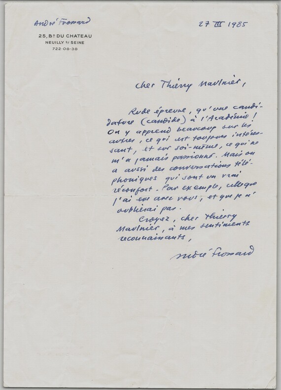 Andr&eacute; Frossard - Lettre autographe sign&eacute;e &agrave; Thierry Maulnier - Acad&eacute;mie - 1985. Andr&eacute; Frossard