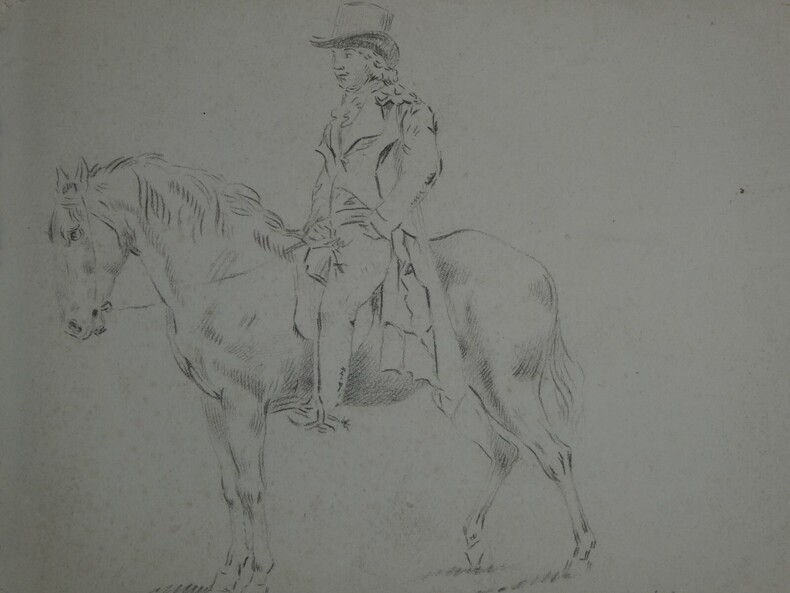 Dessin original au crayon : Cavalier en costume sur cheval, XIX &egrave;me. Anonyme