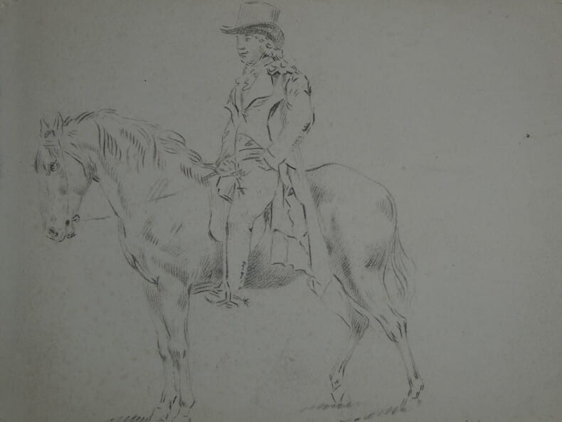Dessin original au crayon : Cavalier en costume sur cheval, XIX &egrave;me. Anonyme