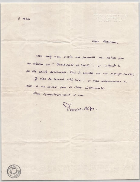 Daniel-Rops - Lettre autographe sign&eacute;e &agrave; Maulnier - &laquo; D&eacute;mocratie et Libert&eacute; &raquo;. Daniel-Rops