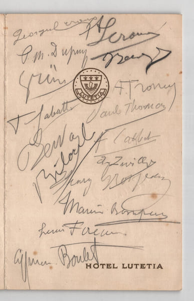 39 autographes de peintres sur un Menu de l'H&ocirc;tel Lutetia. Paul Michel Dupuy, Cyprien Boulet..., 1928. Paul Michel Dupuy, Cyprien Boulet, William ...