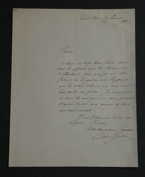 Eudore SOULI&Eacute; - Lettre autographe sign&eacute;e au Prince, 11 janvier 1868. Eudore SOULI&Eacute;