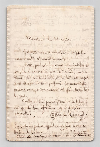 Agla&eacute; de Corday - Lettre autographe sign&eacute;e au Marquis de Valois, 3 pages - 1855. Agla&eacute; de CORDAY