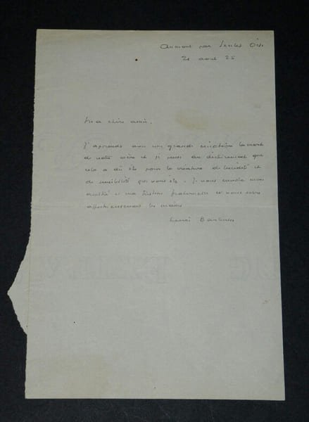 Henri BARBUSSE, &eacute;crivain - LETTRE AUTOGRAPHE SIGN&Eacute;E, AUMONT-PAR-SENLIS, 1925. Henri BARBUSSE
