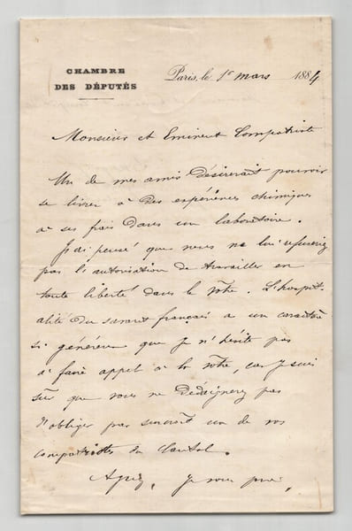 &Eacute;mile Hilaire Amagat Lettre autographe sign&eacute;e &agrave; Mr Duclaux Exp&eacute;riences chimiques. &Eacute;mile Hilaire Amagat