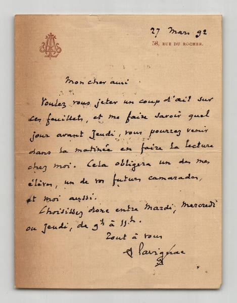 Albert Lavignac - Lettre autographe sign&eacute;e - 1892. Albert Lavignac