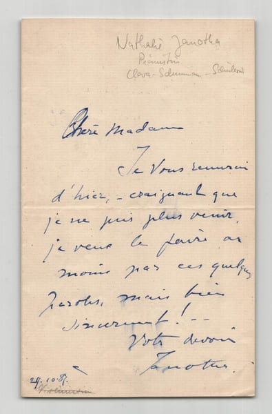 Natalia Janotha - Lettre autographe sign&eacute;e de remerciements - 1887. Natalia Janotha