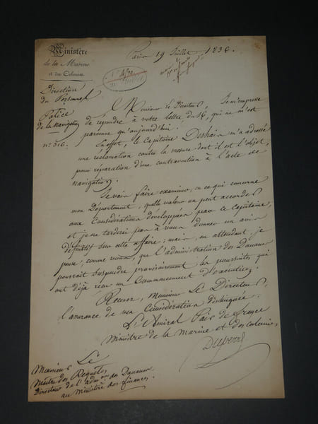Guy Victor Duperr&eacute; - Lettre autographe sign&eacute;e - Contravention &agrave; l'acte de navigation - 1836. Guy Victor Duperr&eacute;