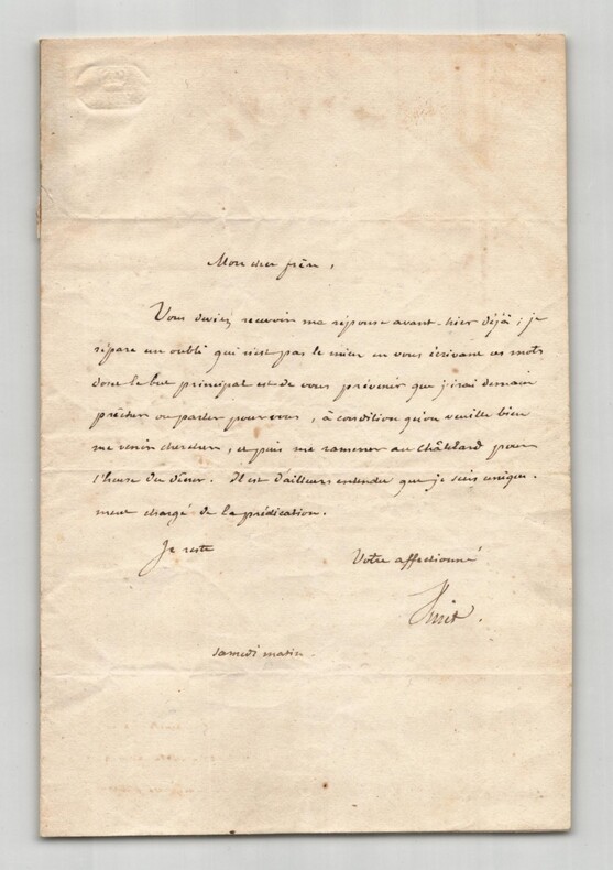 Alexandre Vinet Lettre autographe sign&eacute;e Ministre Colomb Le Ch&acirc;telard Vevey 1840. Alexandre Vinet