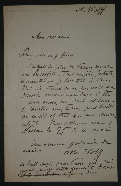 Albert WOLFF - Lettre Autographe Sign&eacute;e - "Th&eacute;&acirc;tre aux Eaux". Albert WOLFF