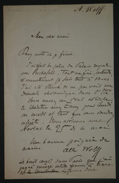 Albert WOLFF - Lettre Autographe Sign&eacute;e - "Th&eacute;&acirc;tre aux Eaux". Albert WOLFF