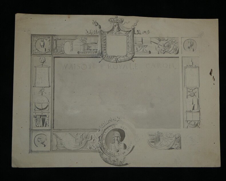 Dessin &agrave; l'encre - Encadrement ornemental avec motifs et blason, inscription "Maison Royale Carol", XIX &egrave;me.. Anonyme