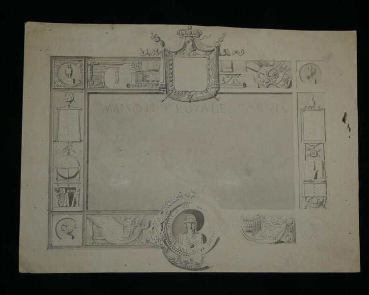 Dessin &agrave; l'encre - Encadrement ornemental avec motifs et blason, inscription "Maison Royale Carol", XIX &egrave;me.. Anonyme
