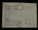 Dessin &agrave; l'encre - Encadrement ornemental avec motifs et blason, inscription "Maison Royale Carol", XIX &egrave;me.. Anonyme