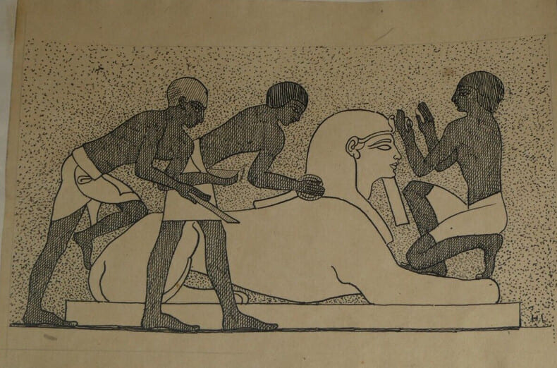 Dessin original sign&eacute; - La Sculpture d'un sphinx d'apr&egrave;s une peinture fun&eacute;raire (Prisse d'Avennes). Louis Henri Laffill&eacute;e