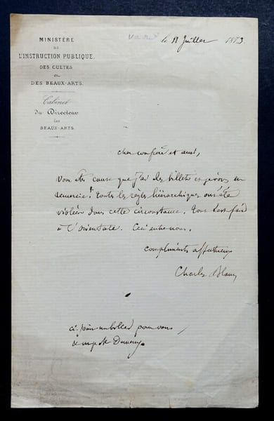 Charles BLANC - LETTRE AUTOGRAPHE SIGN&Eacute;E, HISTOIRE DE L'ART 1873. Charles Blanc