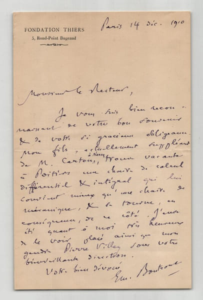 &Eacute;mile Boutroux - Philosophe - Lettre autographe sign&eacute;e au Recteur - 1910. &Eacute;mile Boutroux