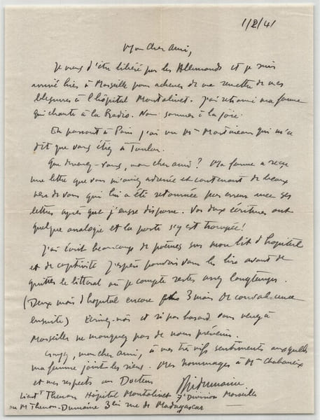 Philippe Dumaine. Lettre autographe sign&eacute;e "Lib&eacute;r&eacute; par les allemands", 1941. Philippe Dumaine