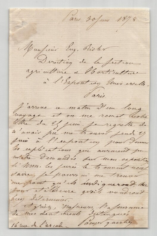 Augustin Pouyer-Quertier - Lettre autographe sign&eacute;e Exposition Universelle 1878. Augustin Pouyer-Quertier
