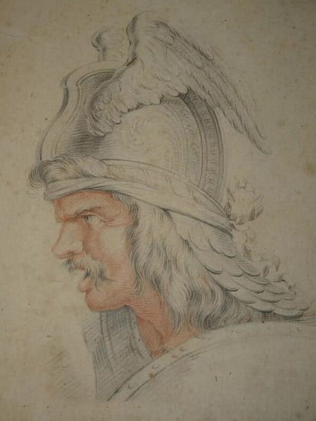 Dessin d'un homme au casque aill&eacute;. 