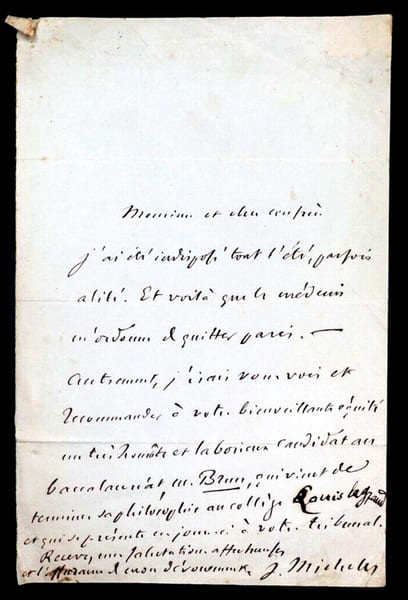 Jules MICHELET - LETTRE AUTOGRAPHE SIGN&Eacute;E SUR SA SANT&Eacute; ET SES CONFRERES. Jules MICHELET