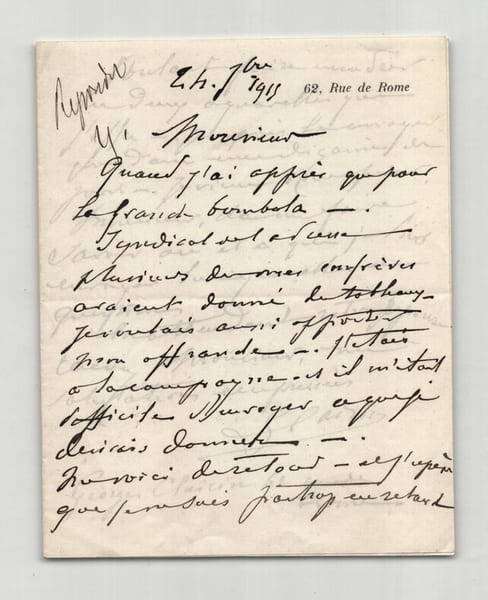 Georges Clairin - Lettre autographe sign&eacute;e - "Apporter mon offrandre" - 1915. Georges Clairin