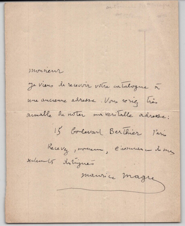 Maurice MAGRE Lettre autographe sign&eacute;e sur japon imp&eacute;rial 1 page. Maurice MAGRE