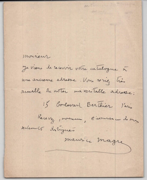 Maurice MAGRE Lettre autographe sign&eacute;e sur japon imp&eacute;rial 1 page. Maurice MAGRE