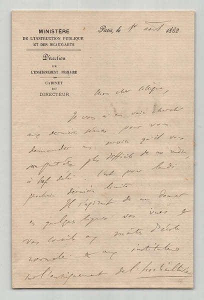 Ferdinand Buisson Lettre autographe sign&eacute;e Dictionnaire NOBEL de la Paix 1882. Ferdinand Buisson