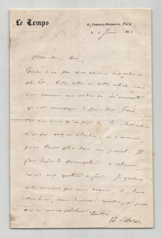 Edmond Sch&eacute;rer - Lettre autographe sign&eacute;e Prise de Paris Semaine Sanglante 1871. Edmond Sch&eacute;rer