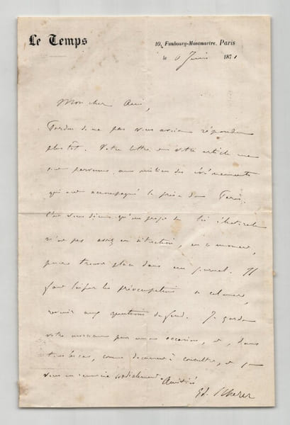 Edmond Sch&eacute;rer - Lettre autographe sign&eacute;e Prise de Paris Semaine Sanglante 1871. Edmond Sch&eacute;rer