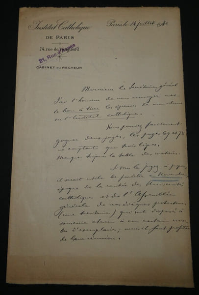 Alfred BAUDRILLART - LETTRE AUTOGRAPHE SIGN&Eacute;E adress&eacute;e au Secr&eacute;taire G&eacute;n&eacute;ral. Alfred BAUDRILLART