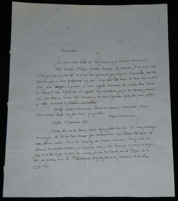 Marc Monnier – Lettre autographe sign&eacute;e – Naples, 1858 – Revue suisse, Po&egrave;mes. Marc Monnier